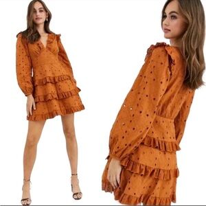 ASOS Burnt Orange Broderie Tiered Ruffle long sleeve eyelet mini dress